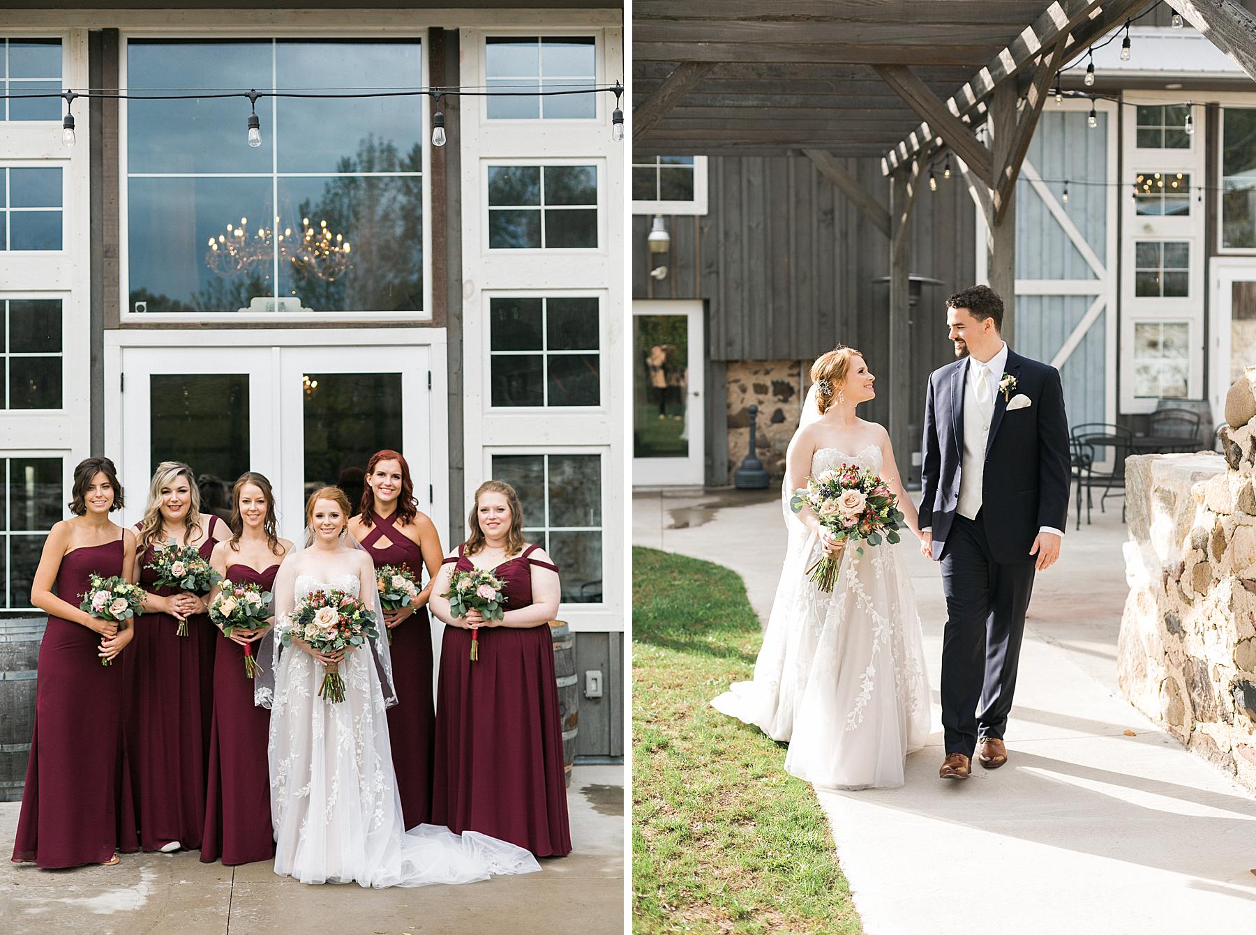 wedding party group in navy blue and maroon red fall wedding colors for rustic refined barn wedding at lilac acres in milwaukee, wisconsin