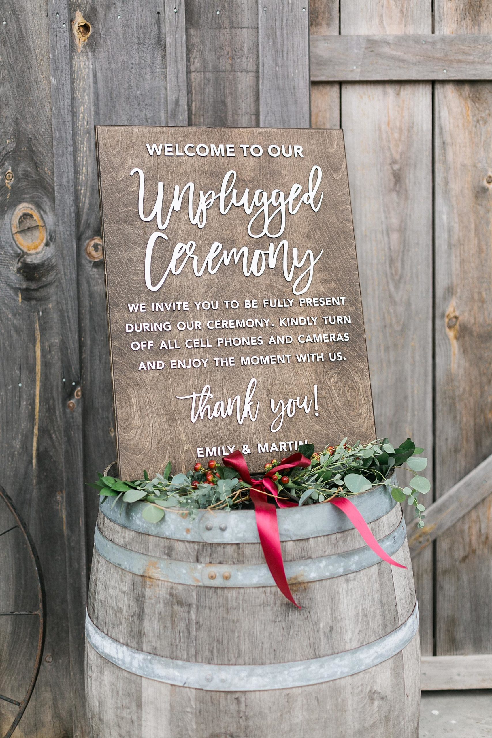 unplugged ceremony wedding sign for rustic refined barn wedding in wisconsin
