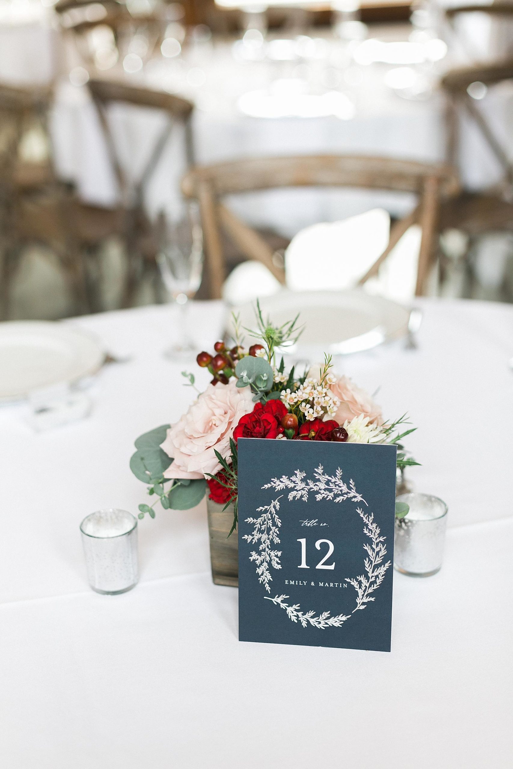 fall burgundy and navy reception table decor at refined rustic barn wedding at lilac acres in milwaukee, wisconsin