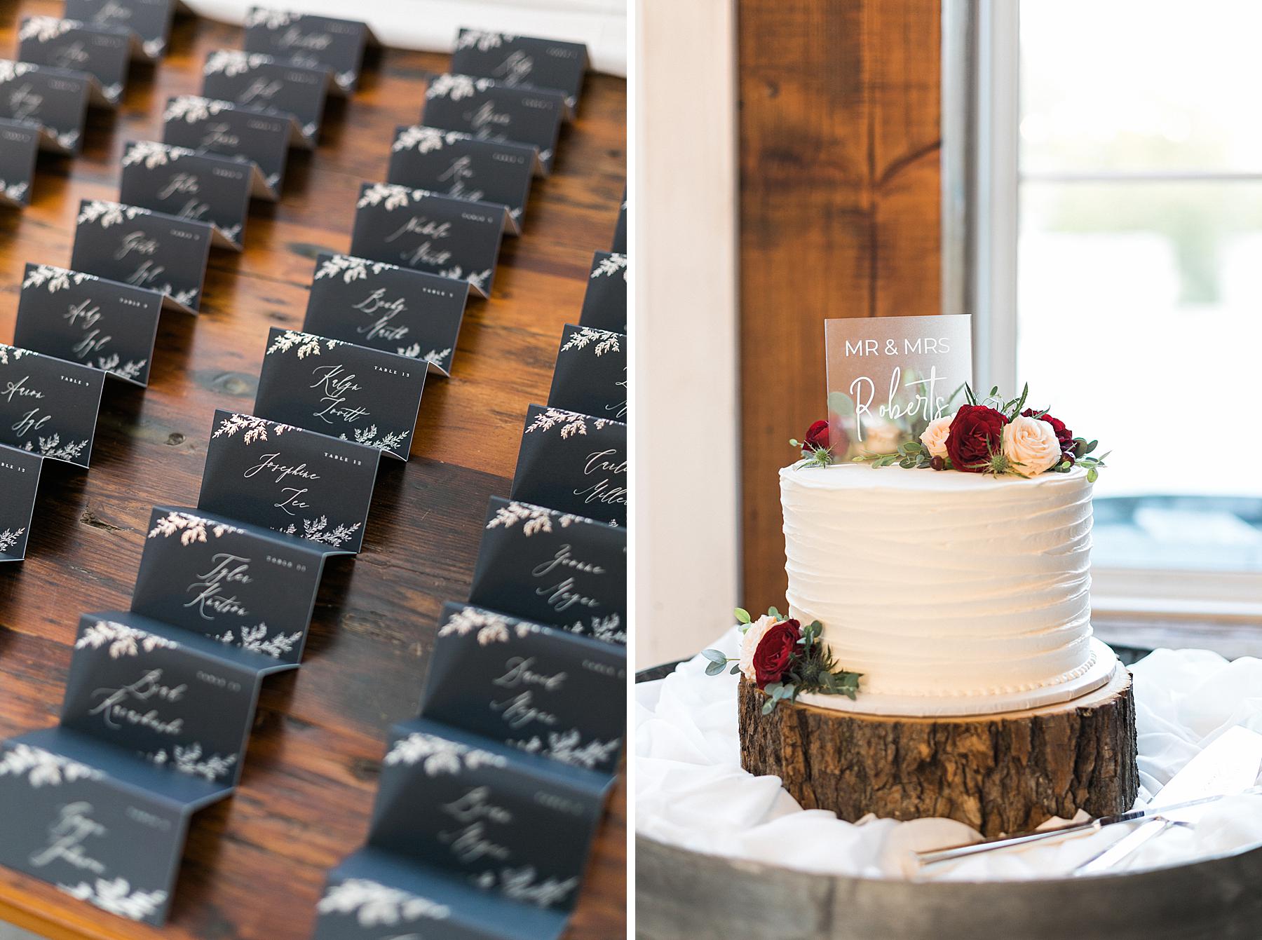 fall burgundy and navy reception table decor and cake at refined rustic barn wedding at lilac acres in milwaukee, wisconsin