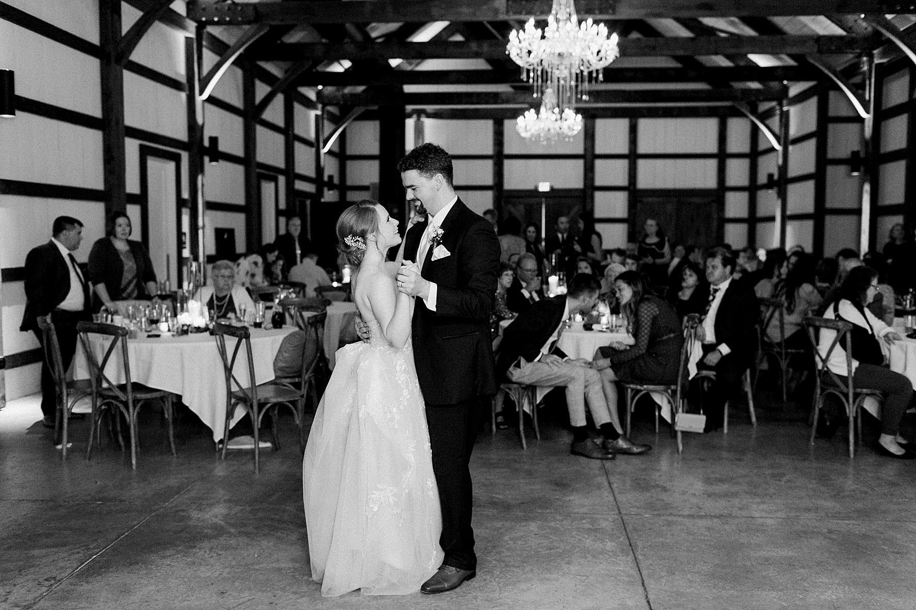 first dance at refined rustic barn wedding at lilac acres in milwaukee, wisconsin