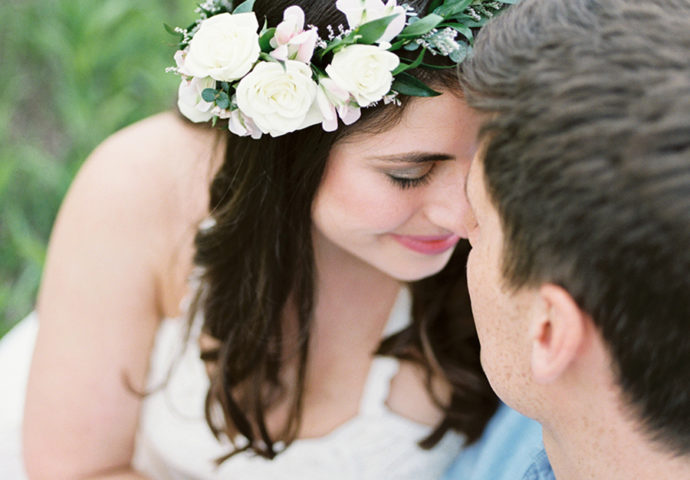 retzer nature center boho bohemian rustic elegant earthy chambray flower crown Milwaukee, Wisconsin engagement, photo by Laurelyn Savannah Photography