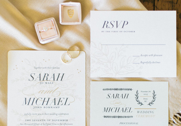 invitation suite from Minted, Mrs. Box ring box, romantic organic elegant outdoor wedding at sugarland barn, arena wisconsin, gold and blush wedding, photo by Laurelyn Savannah Photography
