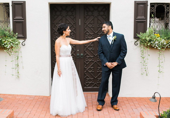 first look, darlington house in san diego california, romantic elegant classic outdoor wedding at historic estate mansion, gold and blush wedding, events by lisa nicole, laurelyn savannah photography