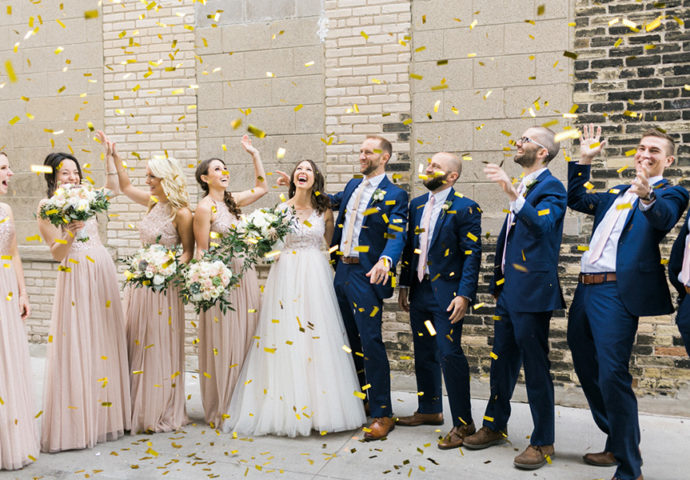 confetti toss, bridal party, cuvee champagne lounge, elegant third ward milwaukee wisconsin, organic city chic downtown wedding day, greenery, gold and blush, photo by laurelyn savannah photography
