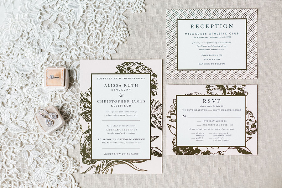 invitation suite for milwaukee athletic club elegant classic wedding, blush bridesmaids and belle fiori flowers, romantic summer wedding, photo by laurelyn savannah photography