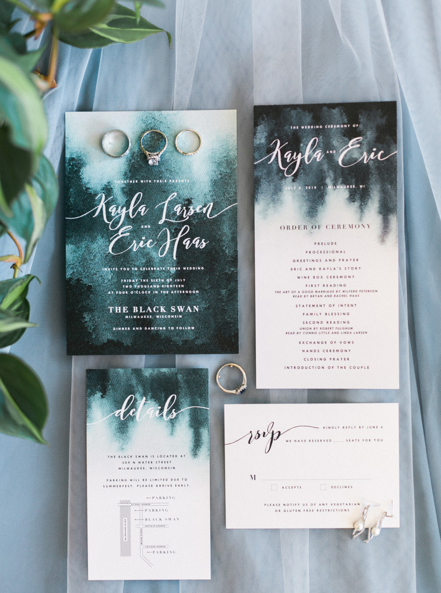 invitation suite, Blue Watercolor-Inspired, elegant downtown modern wedding along the Milwaukee River in Wisconsin, photo by Laurelyn Savannah Photography 1