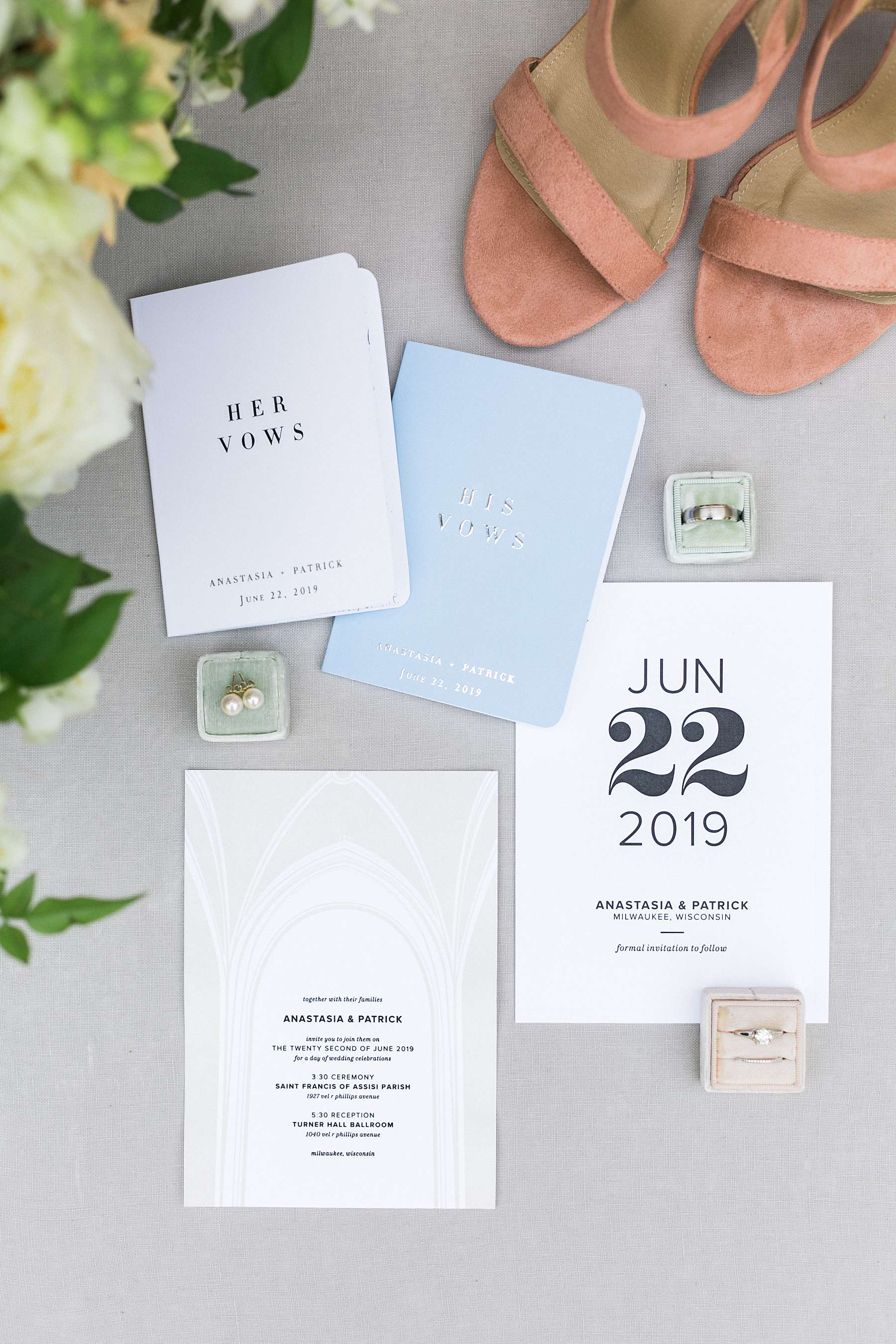 invitation by bay view printing co, romantic wedding at turner hall ballroom downtown milwaukee with milwaukee flower company, photo by laurelyn savannah photography