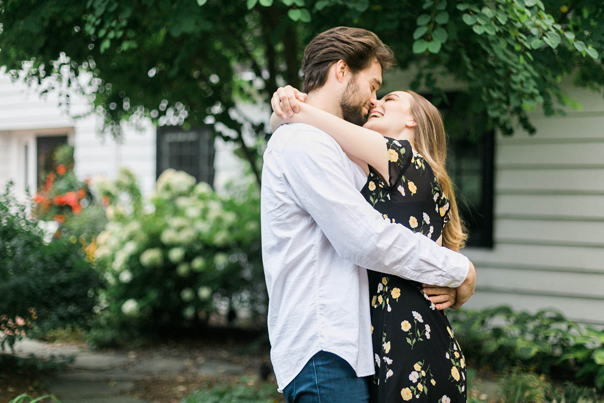 milwaukee northshore engagement at home in a long dress and neutral knit sweater, photos by laurelyn savannah photography