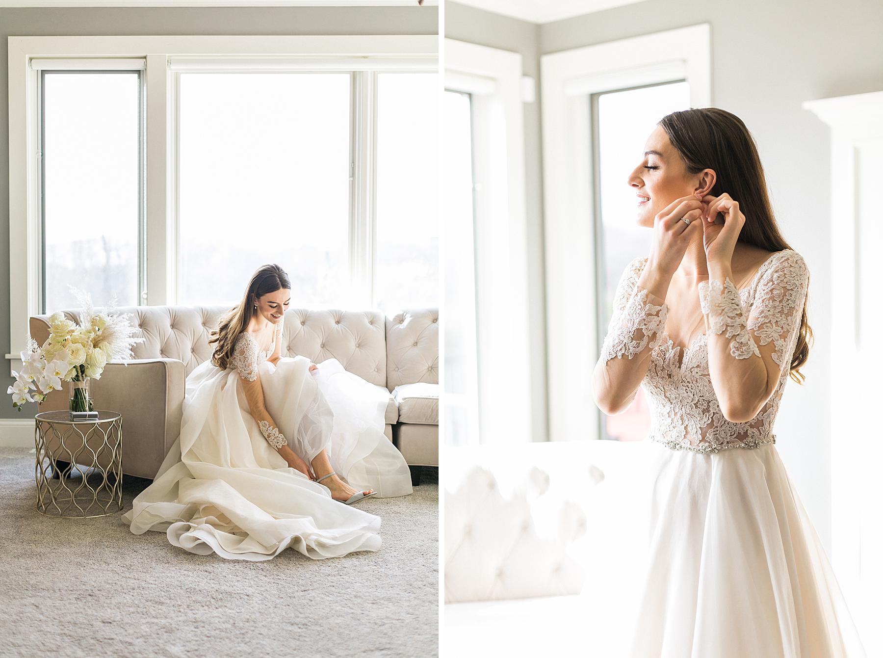 bride getting into lace long sleeve wedding gown dress in minneapolis minnesota