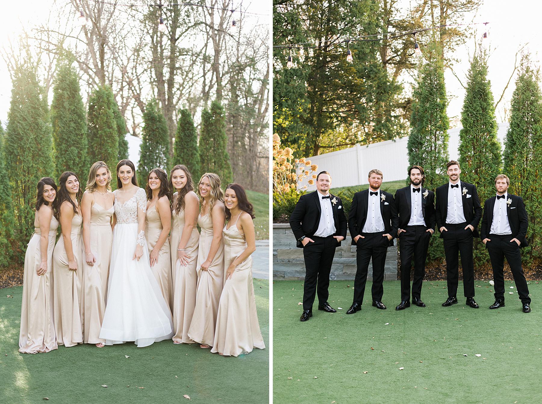 bride in white lace long sleeve gown walking with bridesmaids in nude champagne off-white dresses and groom and groomsmen in black suits