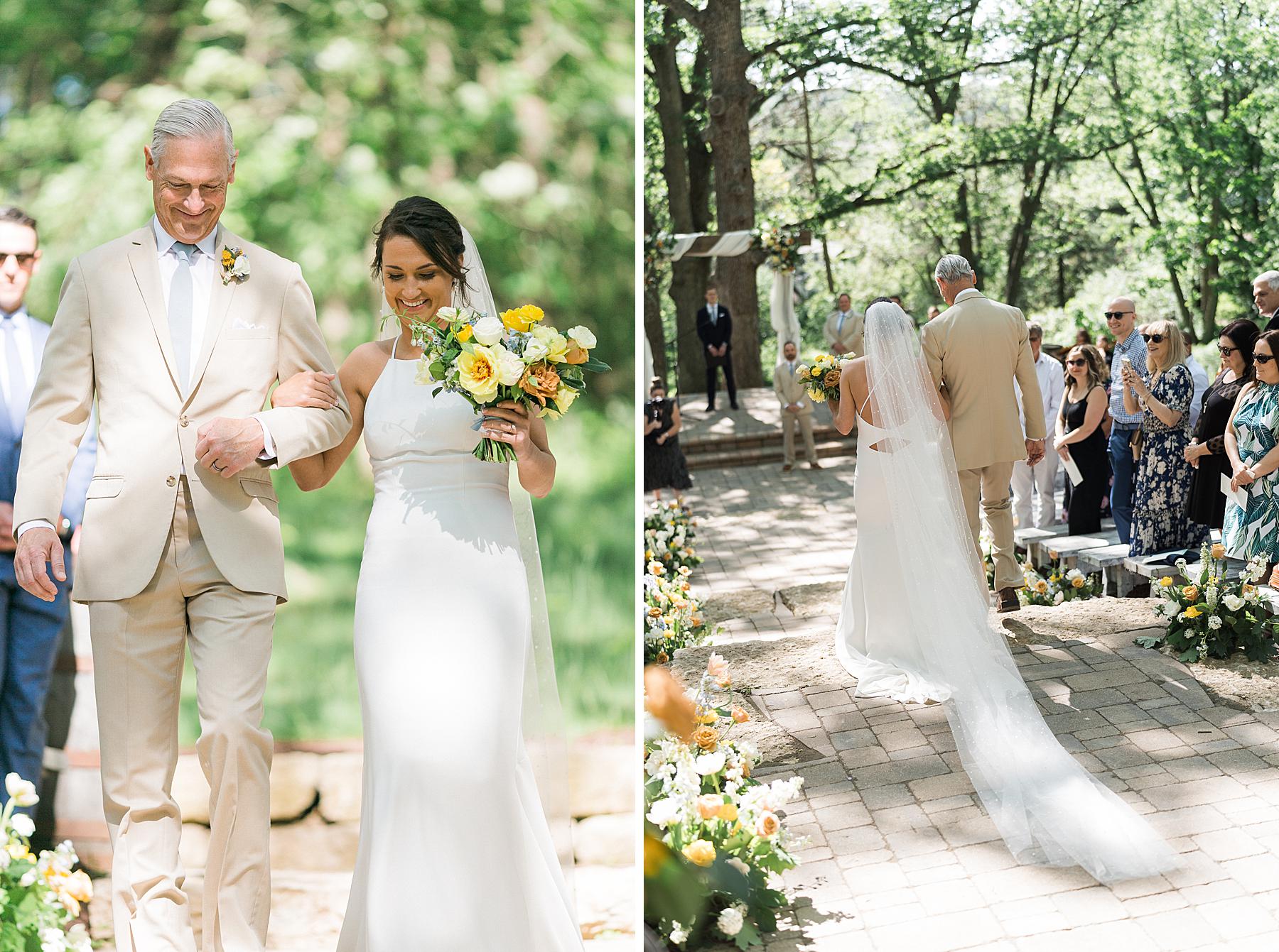 refined elegant outdoor wedding ceremony, with orange and yellow flowers and blue dresses, near madison, wisconsin