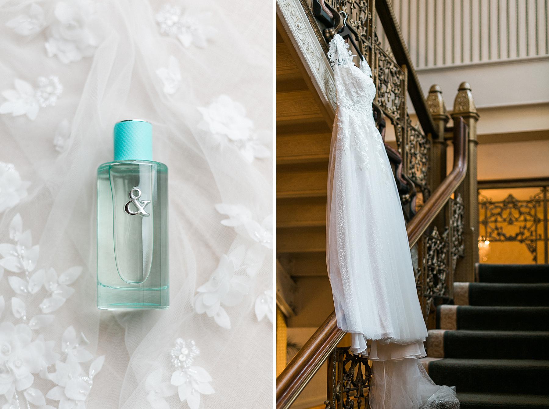 brides gown wedding dress and perfume bottle